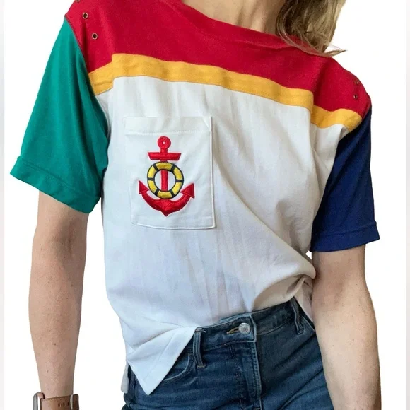 Vintage 1980’s RUSS Petites Red Anchor Pocket Graphic Thick T-Shirt Top Size M - Picture 5 of 7